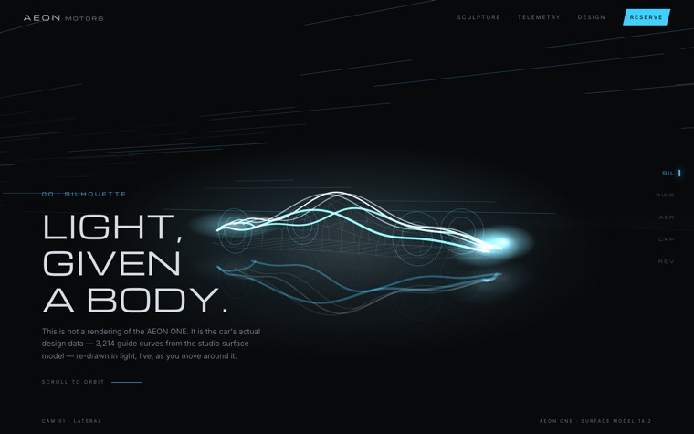 Aeon Motors, a scroll-driven 3D car site