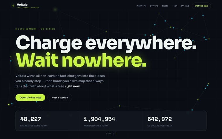 Voltaic, an EV charging network site with live lightning arcs