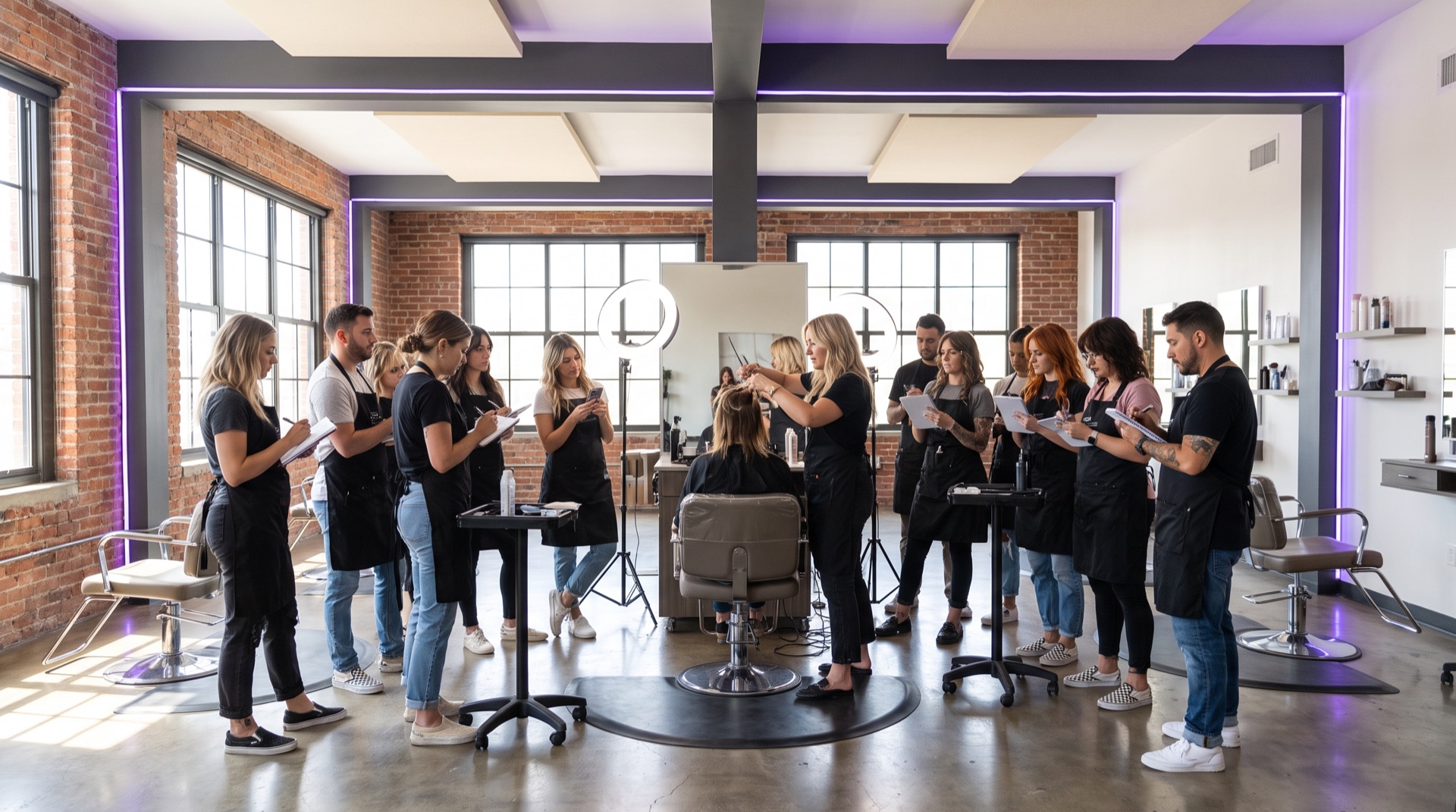Stylists at a live Evolve education event, watching a technical demonstration on stage