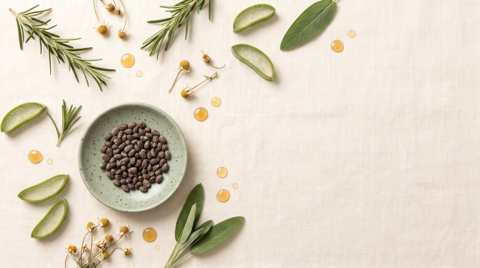 A flat lay of Healium botanicals on linen: rosemary sprigs, sage leaves, sliced aloe, chamomile blossoms, linseed and drops of botanical oil around a ceramic dish of seeds.