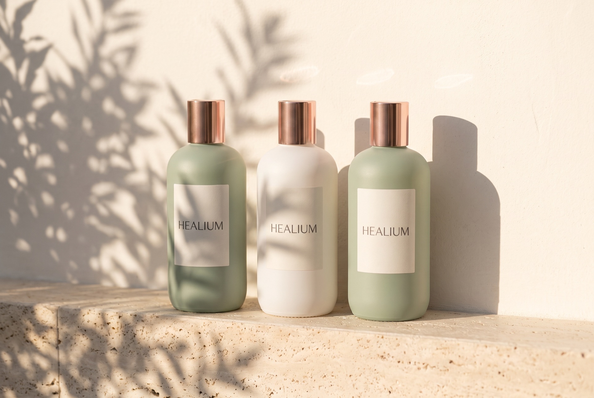 Three Healium bottles in sage green and porcelain white with rose-gold caps, standing on travertine stone in warm sunlight with leaf shadows.