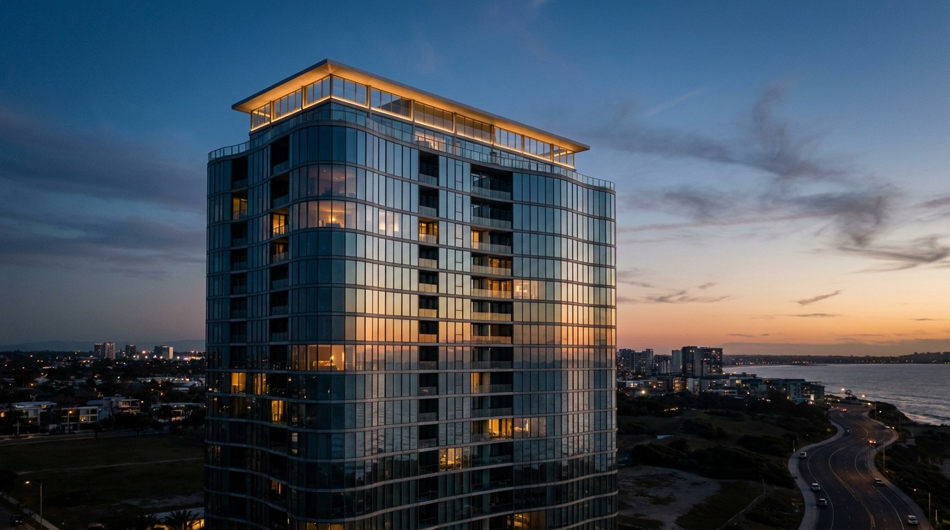 Aurelis Residences at dusk — a glass tower on the water with an illuminated crown